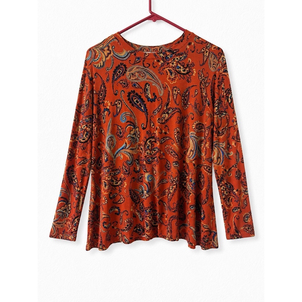 Maurices 24/7 Womens Paisley Long Sleeve Top Rust Orange Boho Tunic S